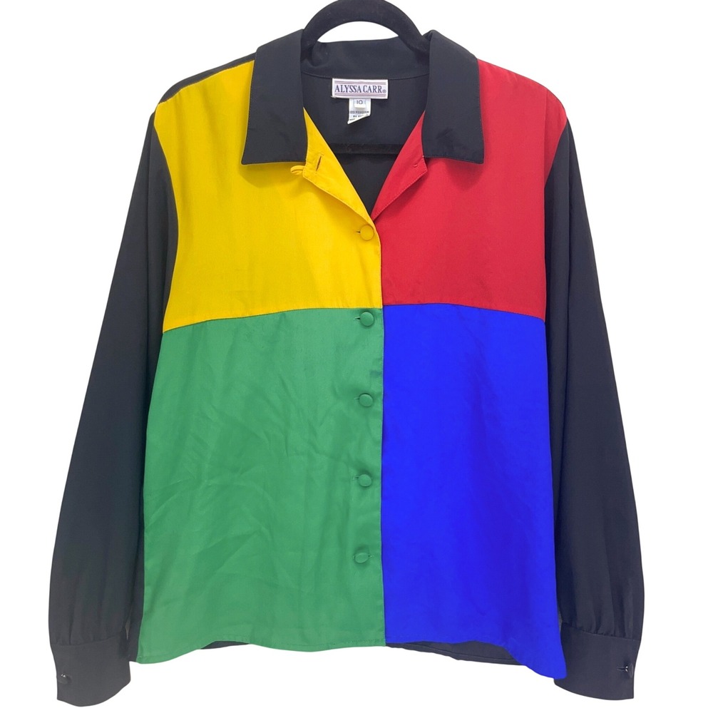 Alyssa Carr Multicolor Colorblock Button Front Blouse Size 10 Vintage Retro 90s